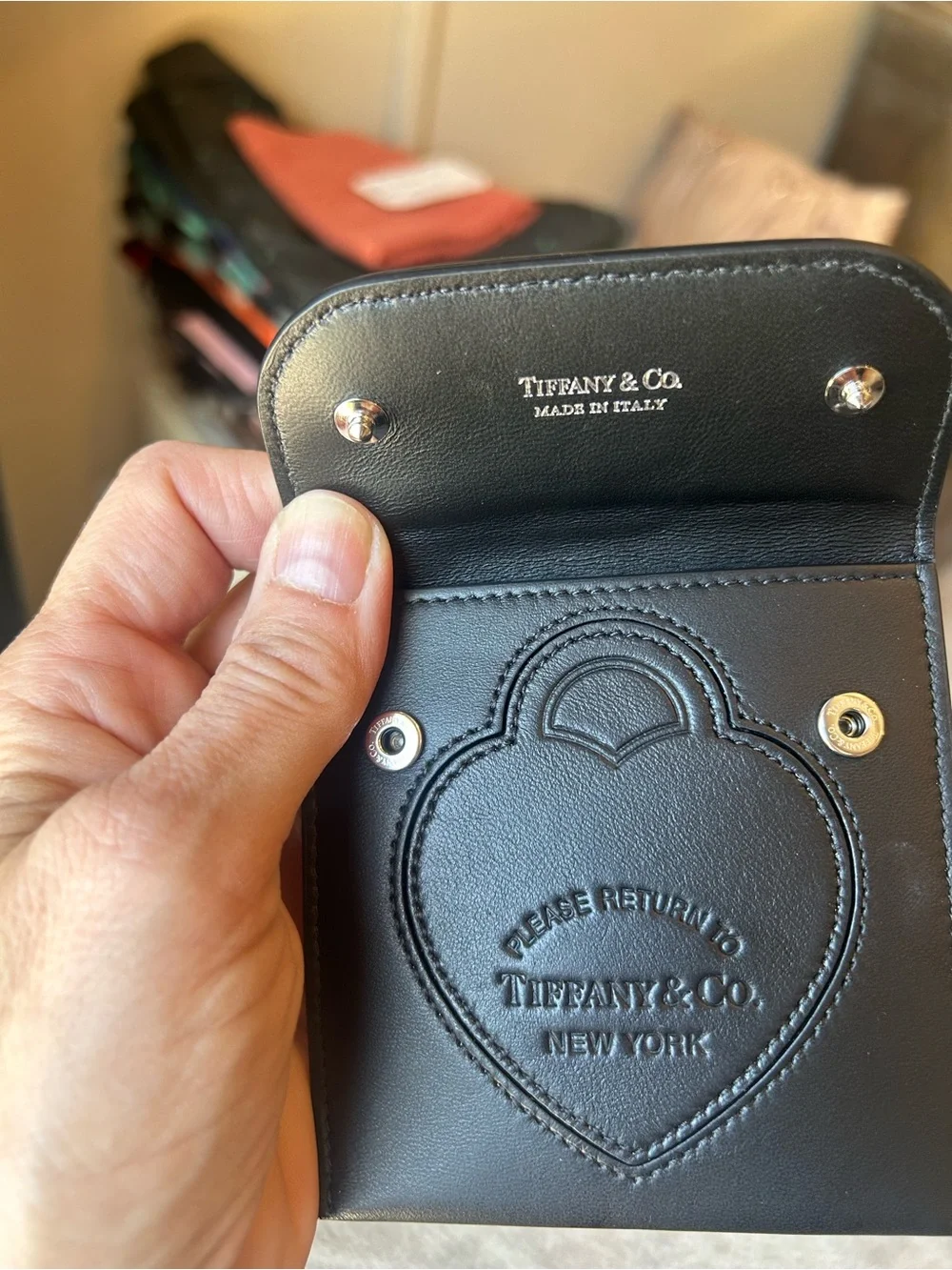 Tiffany & Co. Black Leather Heart Card Holder with Snap Keyring